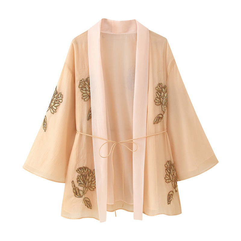 Beaded Silk Blended Short Kimono Coat